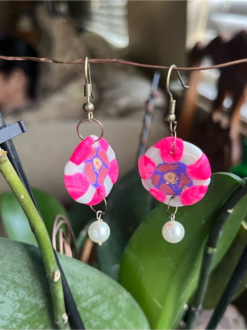 Pink Floral Disc Drop Earrings with Pearl Accent